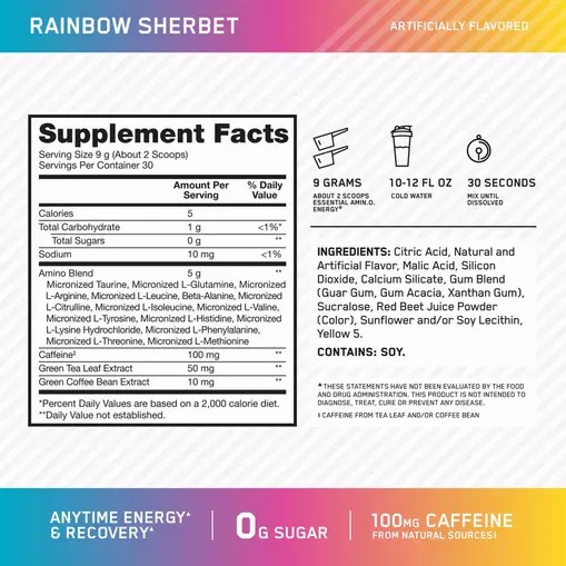 Optimum Nutrition ESSENTIAL AMIN.O. ENERGY® *new* Rainbow Sherbet - Notify Me 0.6 lb - Notify me Türkiye | 752943OHV