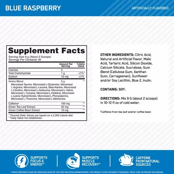 Optimum Nutrition ESSENTIAL AMIN.O. ENERGY® Blue Raspberry 1.29 lb (65 Servings) Türkiye | 986750VYL