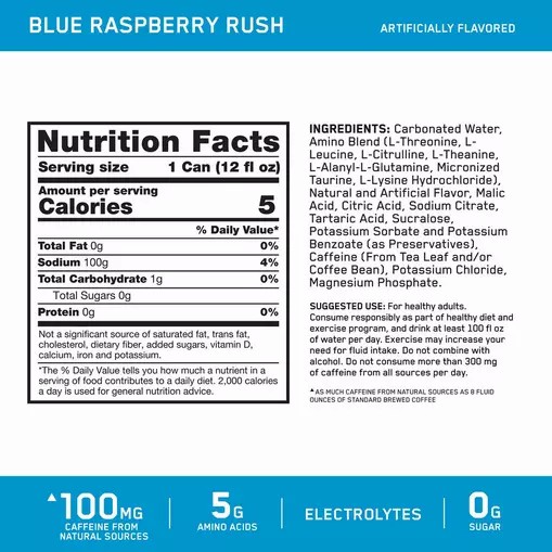 Optimum Nutrition ESSENTIAL AMIN.O. ENERGY+ Electrolytes Sparkling *new* Blue Raspberry Rush 355ml * 12 Cans (12 Servings) Türkiye | 459832VBL