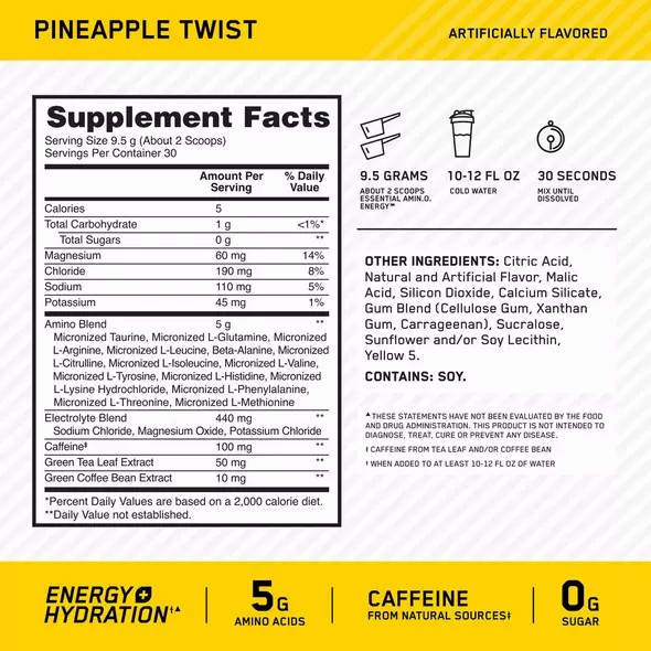 Optimum Nutrition Essential AMIN.O. ENERGY + Electrolytes Pineapple Twist 0.63 lb (30 Servings) Türkiye | 403286BWM