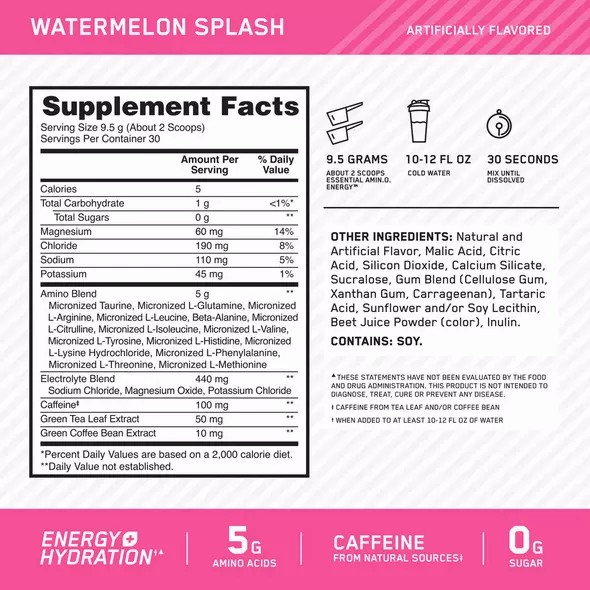 Optimum Nutrition Essential AMIN.O. ENERGY + Electrolytes Watermelon Splash 0.63 lb (30 Servings) Türkiye | 192305JDC