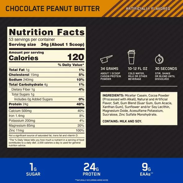 Optimum Nutrition GOLD STANDARD® 100% Casein Chocolate Peanut Butter 4 lb (53 Servings) Türkiye | 904538NPR