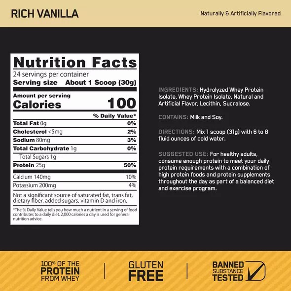 Optimum Nutrition GOLD STANDARD® 100% Isolate Rich Vanilla 2.91 lb (44 Servings) Türkiye | 697108FWC