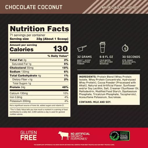 Optimum Nutrition GOLD STANDARD 100% WHEY™ Chocolate Coconut 5 lb (71 Servings) Türkiye | 456198PHD