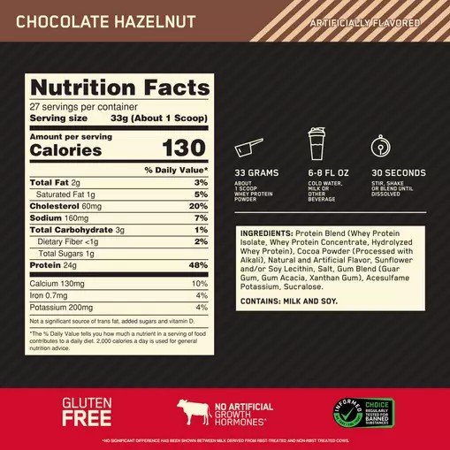 Optimum Nutrition GOLD STANDARD 100% WHEY™ Chocolate Hazelnut 2 lb (27 Servings) Türkiye | 978345FOS