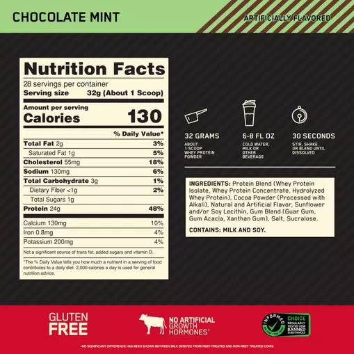 Optimum Nutrition GOLD STANDARD 100% WHEY™ Chocolate Mint 2 lb (28 Servings) Türkiye | 760249RVH