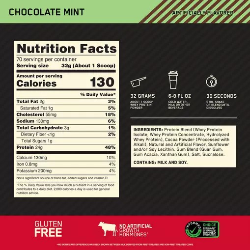 Optimum Nutrition GOLD STANDARD 100% WHEY™ Chocolate Mint 5 lb (70 Servings) Türkiye | 065421ZLB