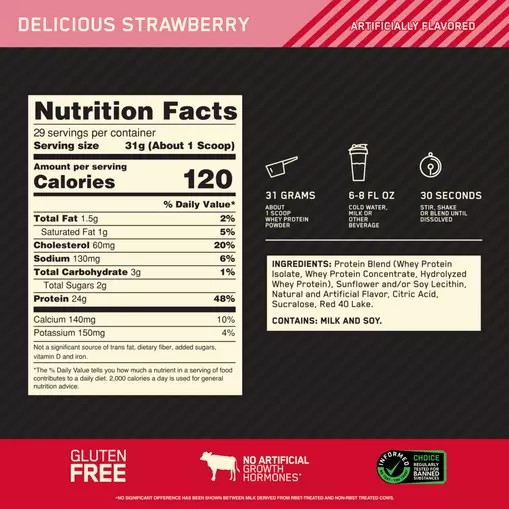 Optimum Nutrition GOLD STANDARD 100% WHEY™ Delicious Strawberry 2 lb (29 Servings) Türkiye | 236047JKT