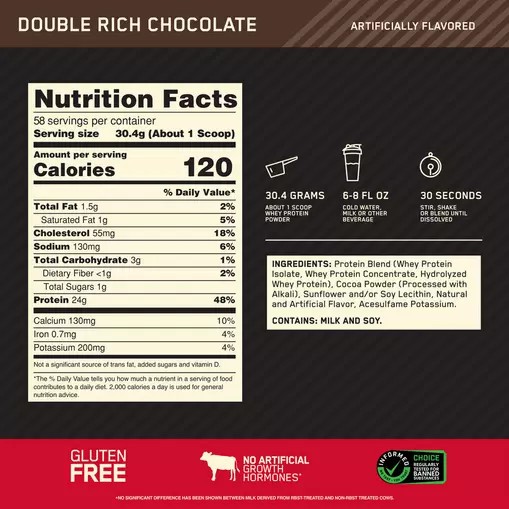 Optimum Nutrition GOLD STANDARD 100% WHEY™ Double Rich Chocolate 4 lb (58 Servings) Türkiye | 740516TGO