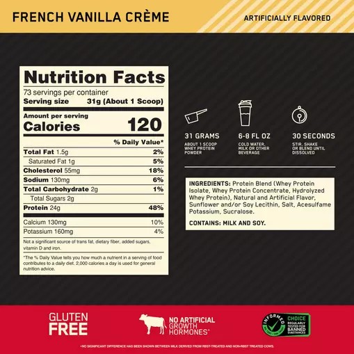 Optimum Nutrition GOLD STANDARD 100% WHEY™ French Vanilla Creme 5 lb (73 Servings) Türkiye | 612457SIZ