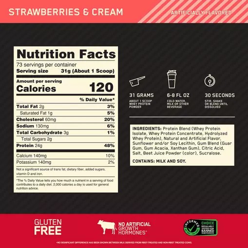 Optimum Nutrition GOLD STANDARD 100% WHEY™ Strawberries & Cream 5 lb (73 Servings) Türkiye | 349051GAE