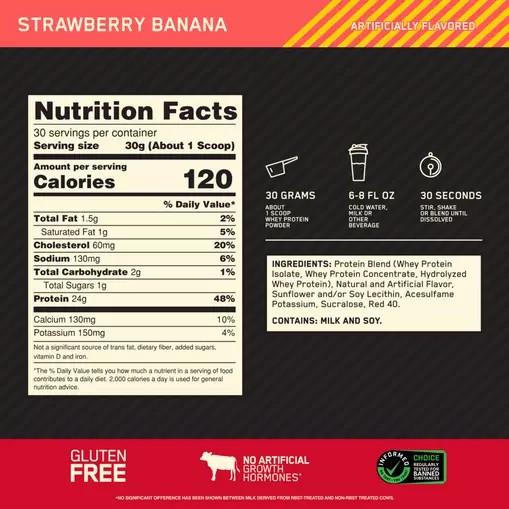 Optimum Nutrition GOLD STANDARD 100% WHEY™ Strawberry Banana 2 lb (30 Servings) Türkiye | 364827GMO