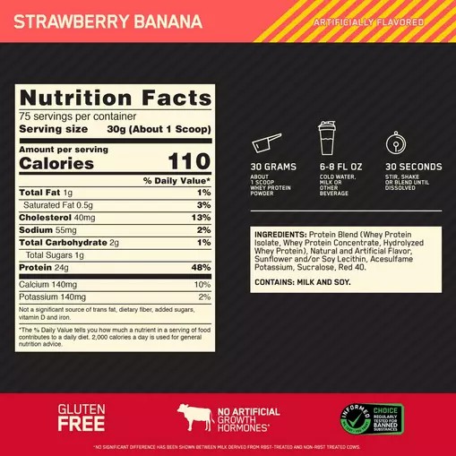 Optimum Nutrition GOLD STANDARD 100% WHEY™ Strawberry Banana 5 lb (75 Servings) Türkiye | 157843GWD