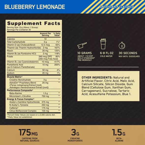 Optimum Nutrition GOLD STANDARD® Pre-Workout Blueberry Lemonade 0.66 lb (30 Servings) Türkiye | 081536KDR