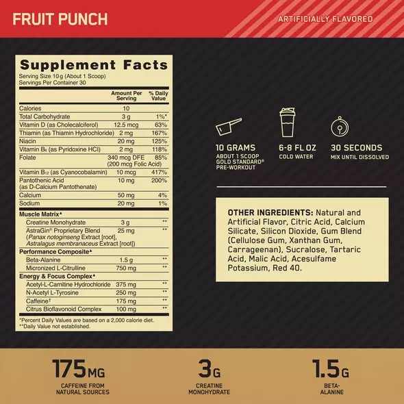 Optimum Nutrition GOLD STANDARD® Pre-Workout Fruit Punch 0.66 lb (30 Servings) Türkiye | 571392CBO