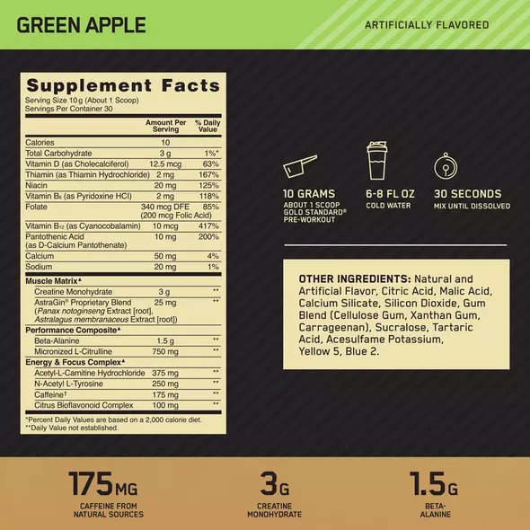 Optimum Nutrition GOLD STANDARD® Pre-Workout Green Apple 0.66 lb (30 Servings) Türkiye | 079185ECB