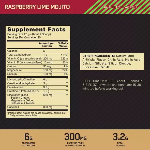 Optimum Nutrition GOLD STANDARD® Pre Advanced Raspberry Lime Mojito 0.88 lb (20 Servings) Türkiye | 380647NZJ