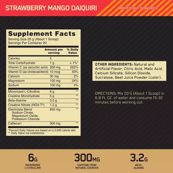 Optimum Nutrition GOLD STANDARD® Pre Advanced Strawberry Mango Daiquiri 0.88 lb (20 Servings) Türkiye | 267390DOG