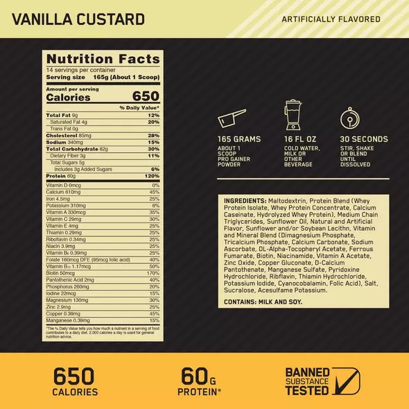 Optimum Nutrition GOLD STANDARD® Pro Gainer Vanilla Custard 5.09 lb (14 Servings) Türkiye | 603715NYG