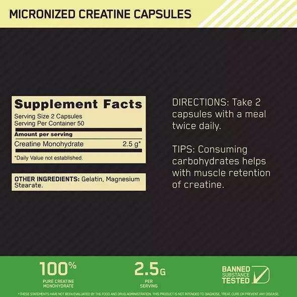 Optimum Nutrition Micronized Creatine Capsules 100 Capsules (50 Servings) Türkiye | 013947VLK