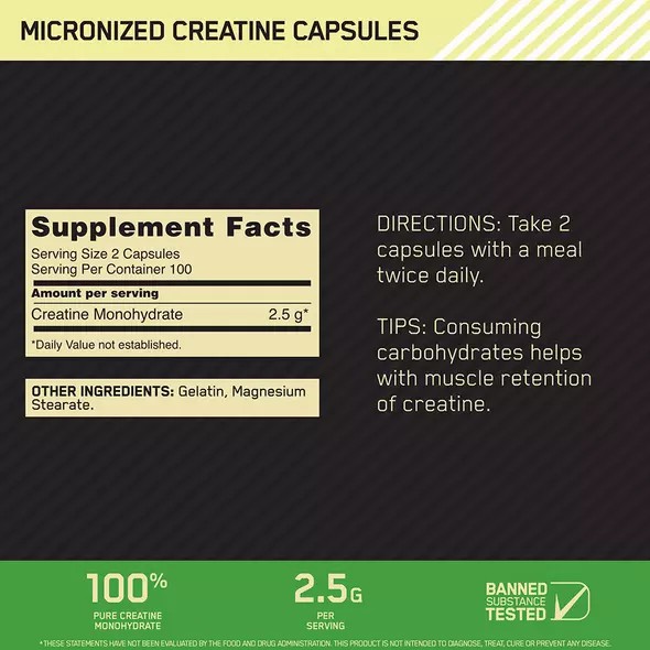 Optimum Nutrition Micronized Creatine Capsules 200 Capsules (100 Servings) Türkiye | 954837DOA