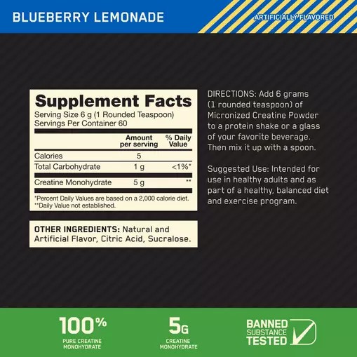 Optimum Nutrition Micronized Creatine Powder Blueberry Lemonade 0.79 lb (60 Servings) Türkiye | 354072ZNA