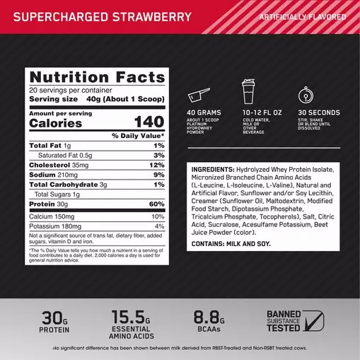 Optimum Nutrition PLATINUM HYDROWHEY™ Supercharged Strawberry 1.76 lb (20 Servings) Türkiye | 360215UDJ