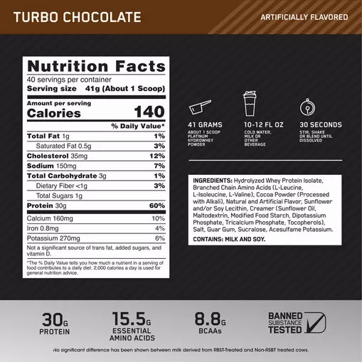 Optimum Nutrition PLATINUM HYDROWHEY™ Turbo Chocolate 3.61 lb (40 Servings) Türkiye | 690452AZS