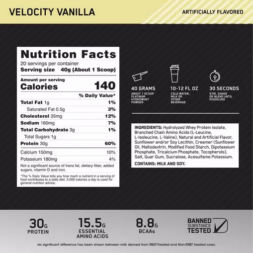 Optimum Nutrition PLATINUM HYDROWHEY™ Velocity Vanilla 1.76 lb (20 Servings) Türkiye | 408329OIP