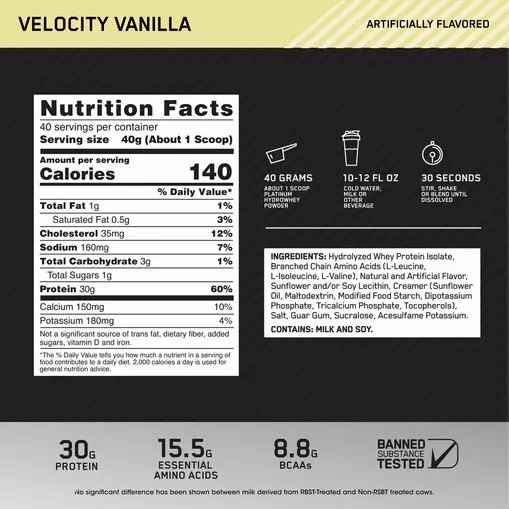 Optimum Nutrition PLATINUM HYDROWHEY™ Velocity Vanilla 3.52 lb (40 Servings) Türkiye | 061582VSO