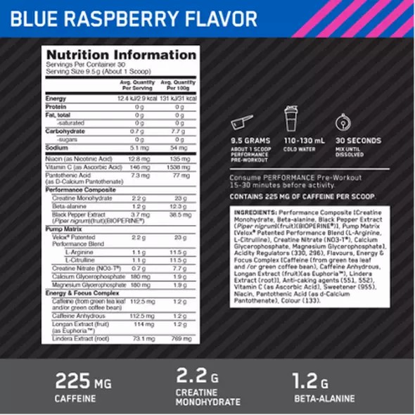 Optimum Nutrition Performance Pre-Workout Blue Raspberry 285g Türkiye | 129503YQI