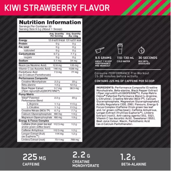 Optimum Nutrition Performance Pre-Workout Kiwi Strawberry 285g Türkiye | 805392EJI