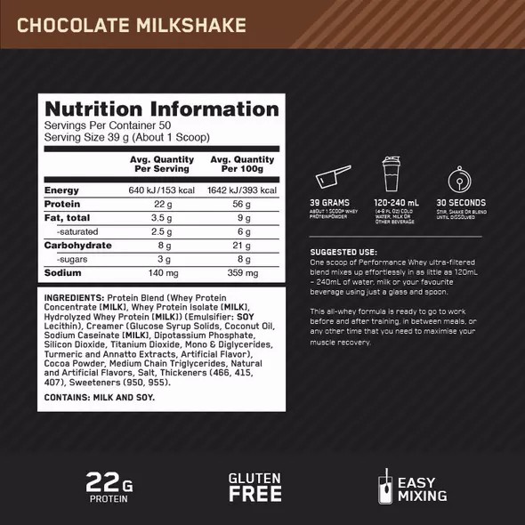 Optimum Nutrition Performance Whey Chocolate 1.95kg Türkiye | 456807XRY