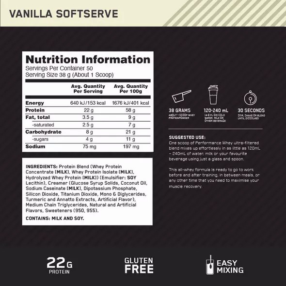 Optimum Nutrition Performance Whey Vanilla 1.95kg Türkiye | 012398LUZ