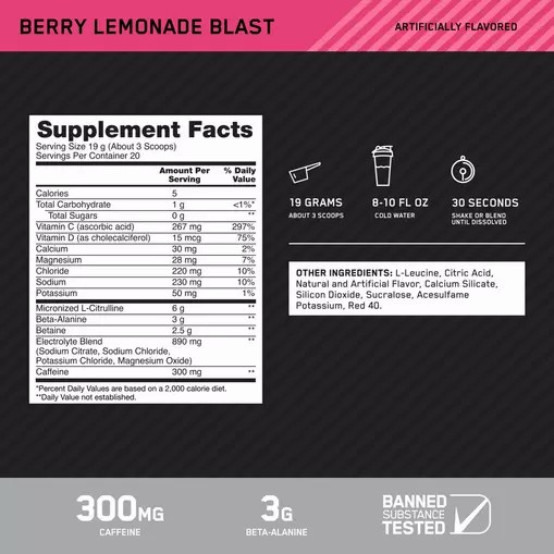 Optimum Nutrition Platinum Igniter Berry Lemonade Blast 0.84 lb (20 Servings) Türkiye | 265134PDK