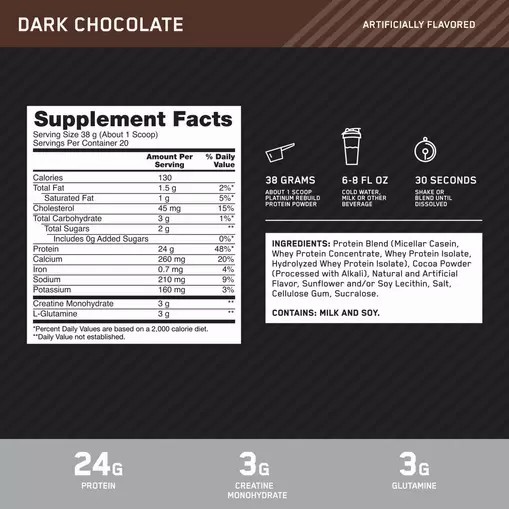 Optimum Nutrition Platinum Rebuild Dark Chocolate 1.67 lb (20 Servings) Türkiye | 971205DOZ