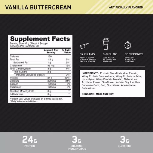 Optimum Nutrition Platinum Rebuild Vanilla Buttercream 1.63 lb (20 Servings) Türkiye | 258369PMV