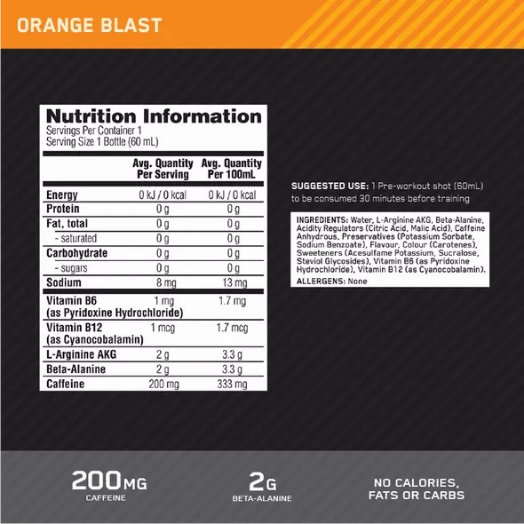 Optimum Nutrition Pure Pre 200 Pre-Workout Shot Orange 60ml (12 shots) Türkiye | 281905SLU