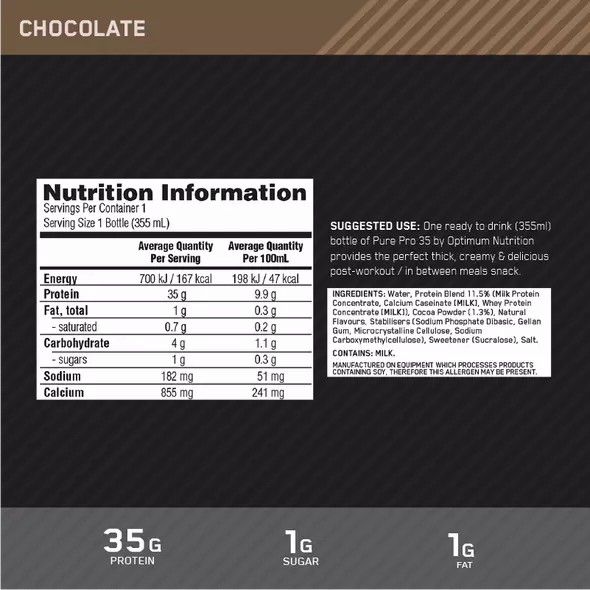 Optimum Nutrition Pure Pro 35 Chocolate 355ml (6 bottles) Türkiye | 785240TNA