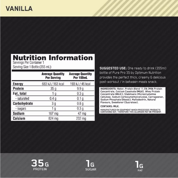 Optimum Nutrition Pure Pro 35 Vanilla 355ml (6 bottles) Türkiye | 047326GJM