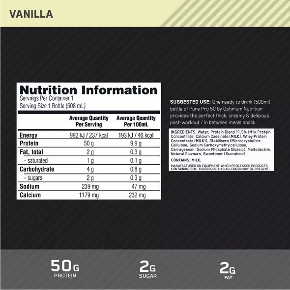 Optimum Nutrition Pure Pro 50 Vanilla 508ml (12 bottles) Türkiye | 187356PLB